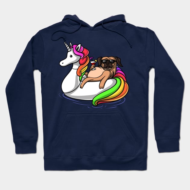 Pug Dog Riding Unicorn Float Hoodie by underheaven